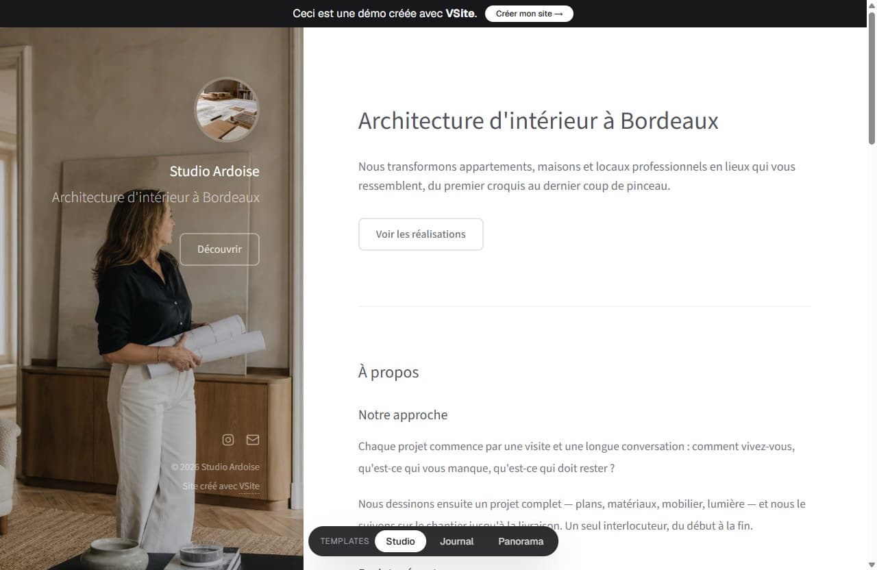 Template Studio : aperçu du site démo